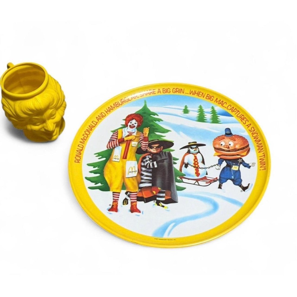 Vintage 1977 McDonald's Ronald McDonald Hamburglar Plate & 1981 Cup Lot